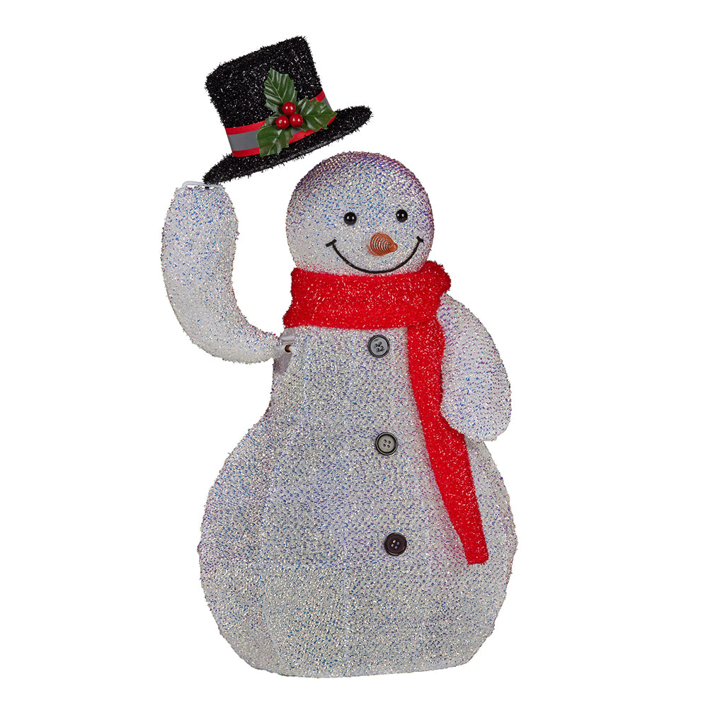 Waving snowman decoration with black top hat, holly detail and red scarf, unlit
