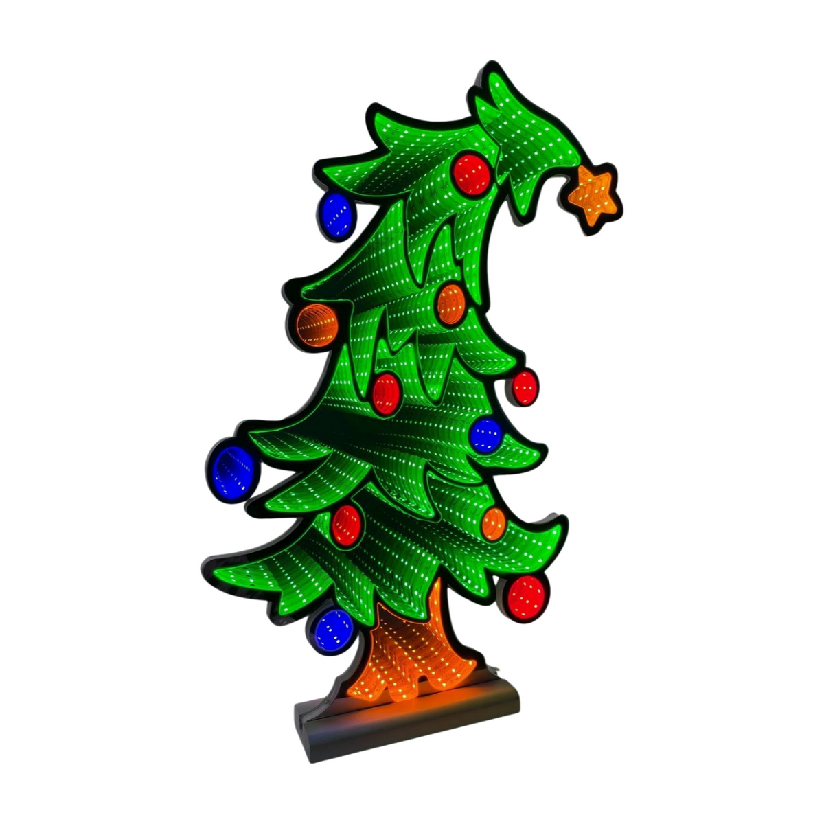Whimsical green Christmas tree infinity light with colourful ornaments and glowing star topper