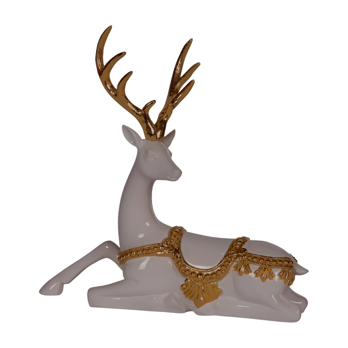 White sitting reindeer decoration with gold antlers and ornate gold saddle detailing