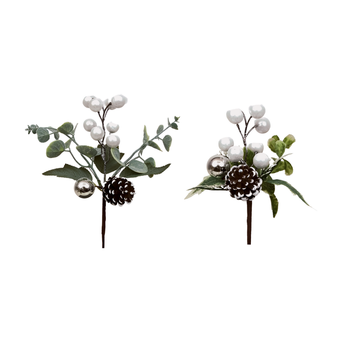 Two white berry Christmas picks with pinecones and silver baubles, one with eucalyptus and one with holly leaves
