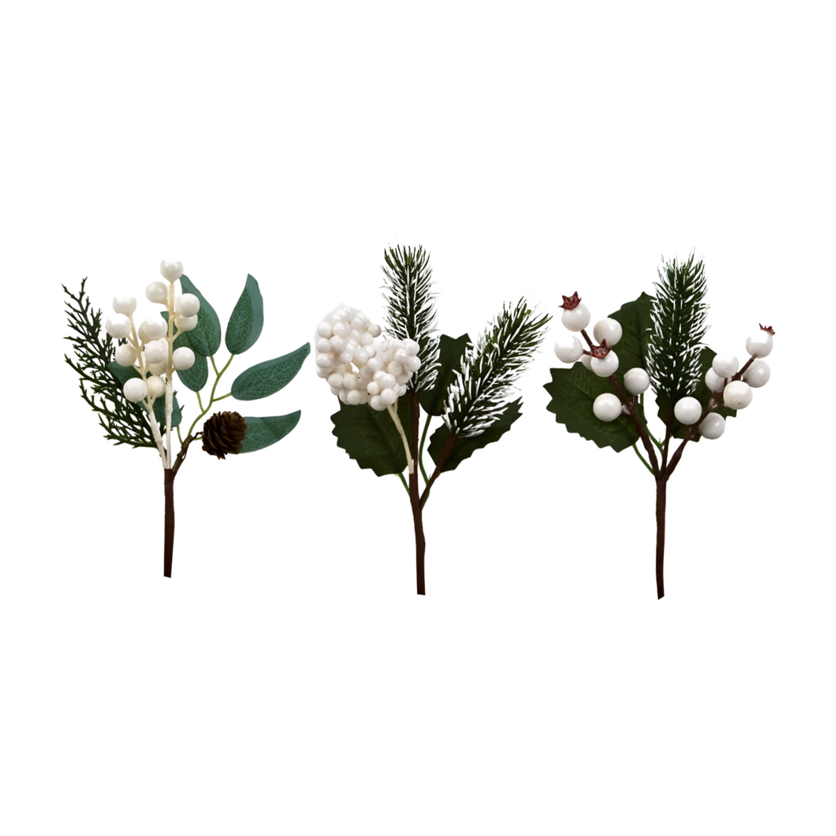 Three white berry Christmas picks with eucalyptus, pine, and holly in varied botanical styles