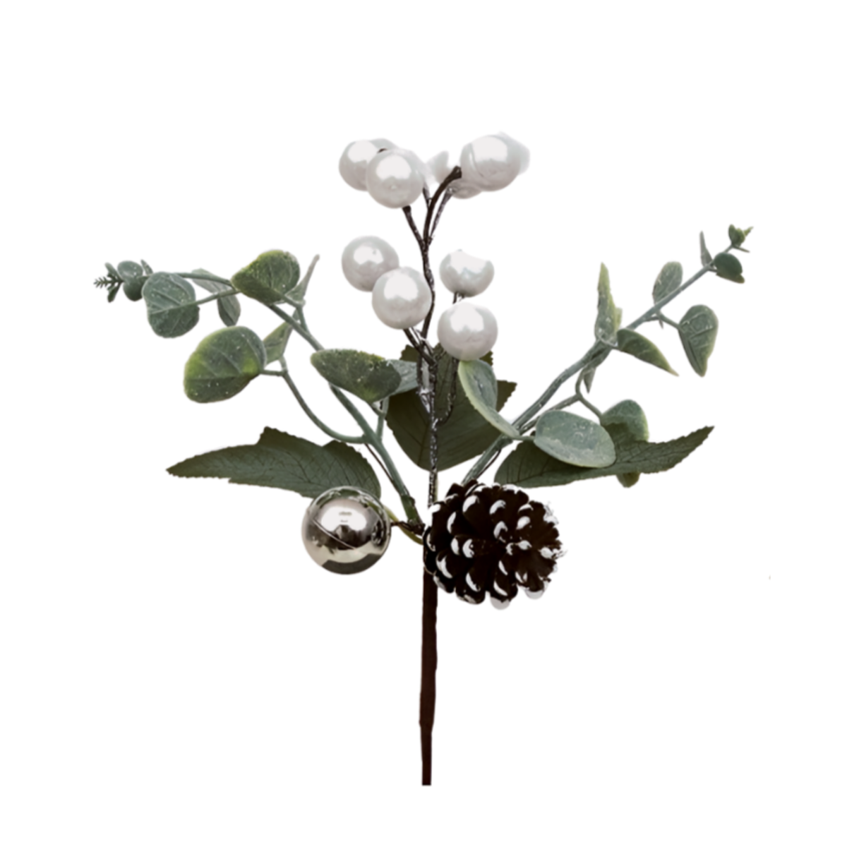 White berry Christmas pick with eucalyptus leaves, snow-dusted pinecone, and a small silver bauble accent
