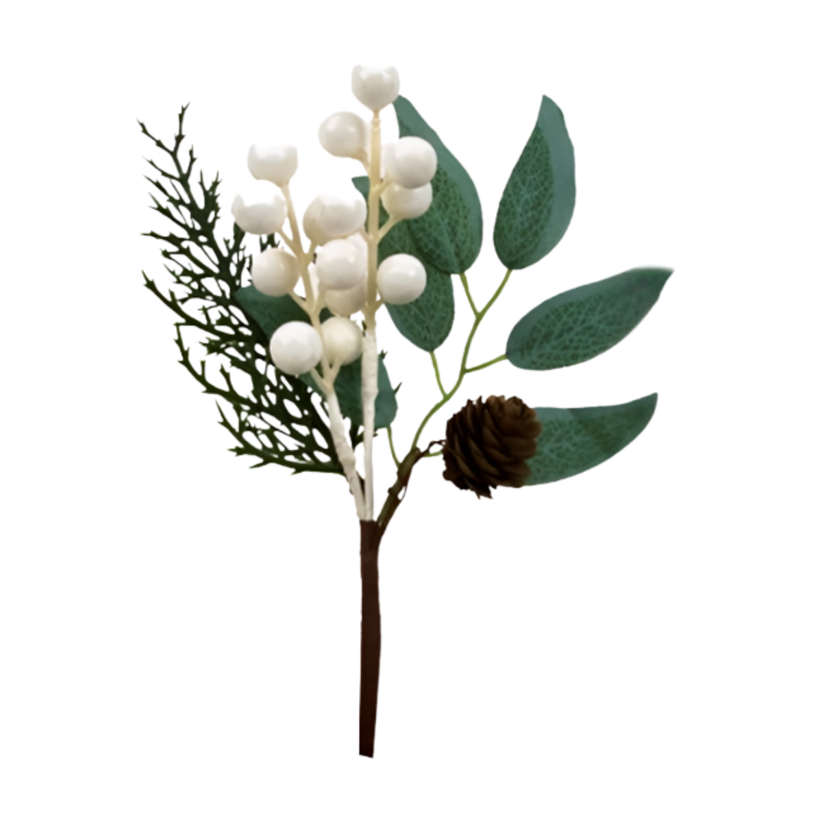 White berry Christmas pick with eucalyptus leaves, cedar sprigs, and a miniature pinecone