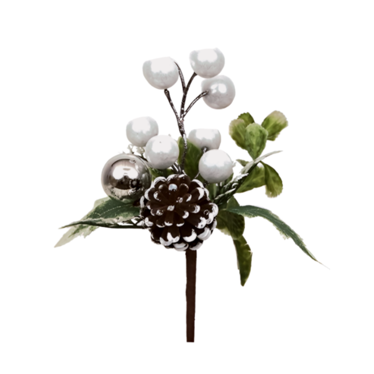 White berry Christmas pick with variegated holly leaves, snow-dusted pinecone, and a silver bauble accent