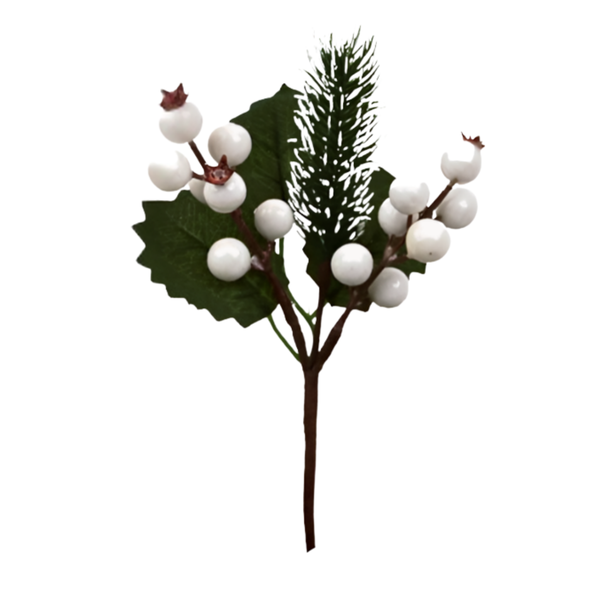 White berry Christmas pick with frosted pine sprigs and dark green holly leaves