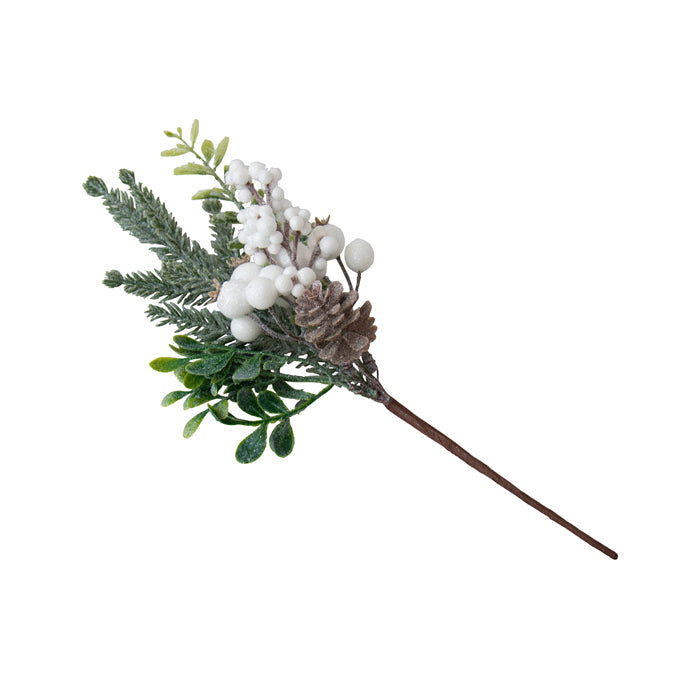 Artificial Christmas pick with white berries, frosted pine cone and green foliage on a stem