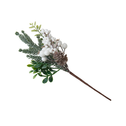 Artificial Christmas pick with white berries, frosted pine cone and green foliage on a stem
