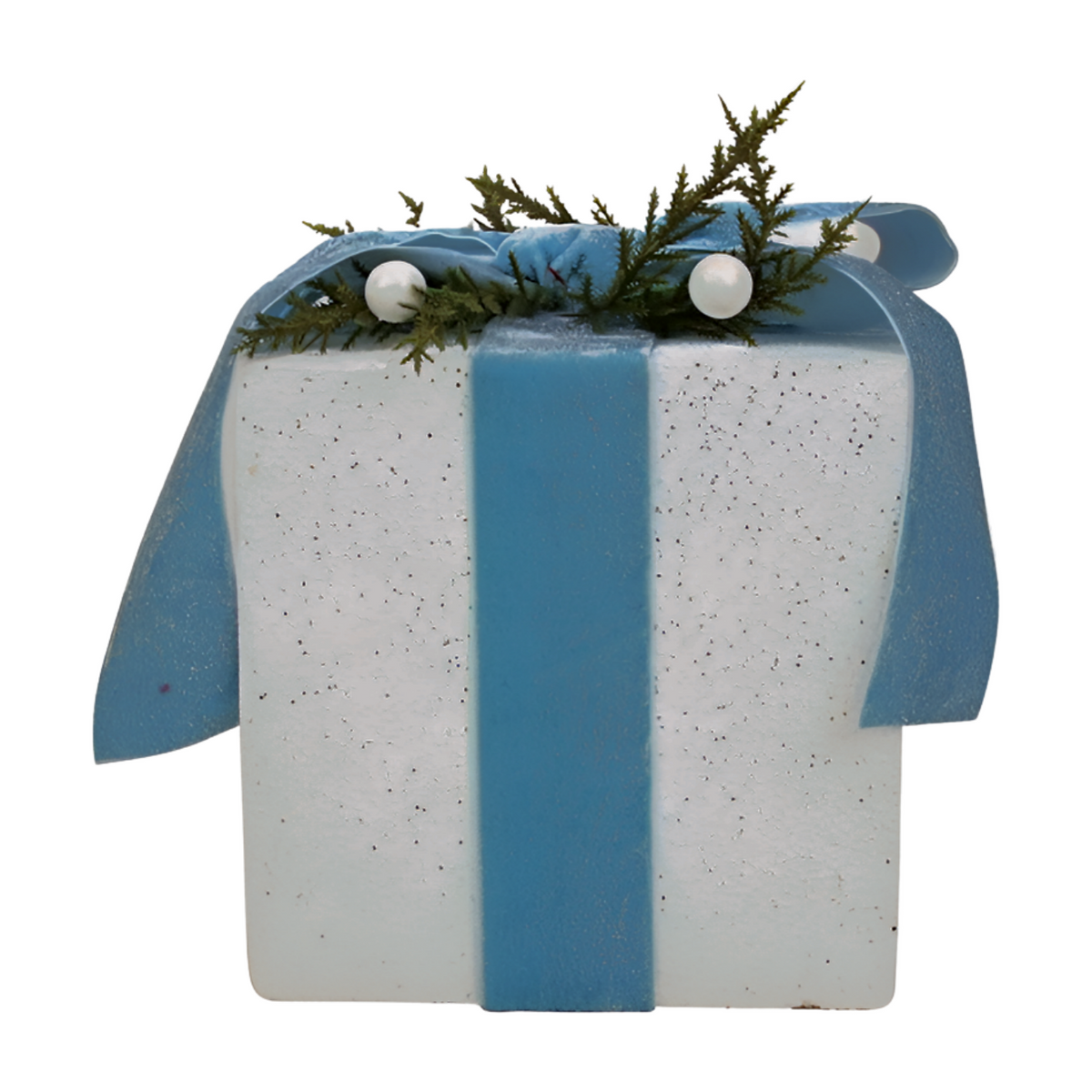 Rear view white decorative gift box with duck egg blue ribbon bow, cedar sprigs, and white berry accents