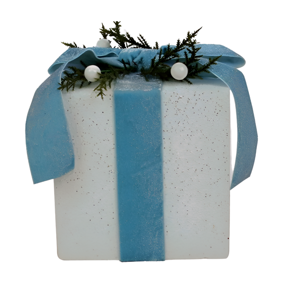 White decorative gift box with duck egg blue ribbon bow, cedar sprigs, and white berry accents