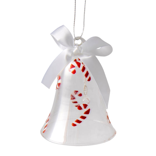 Clear glass bell hanging ornament with red and white candy cane motifs and white satin ribbon bow