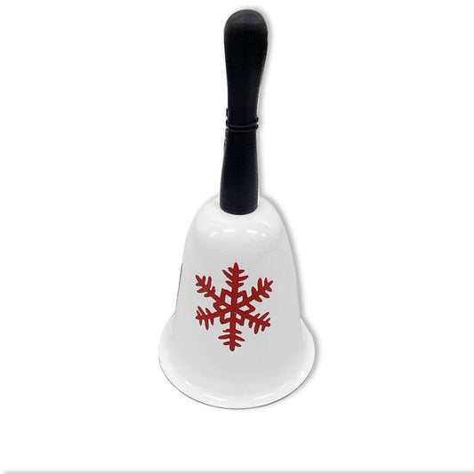 White bell with a red snowflake design and black handle on a white background