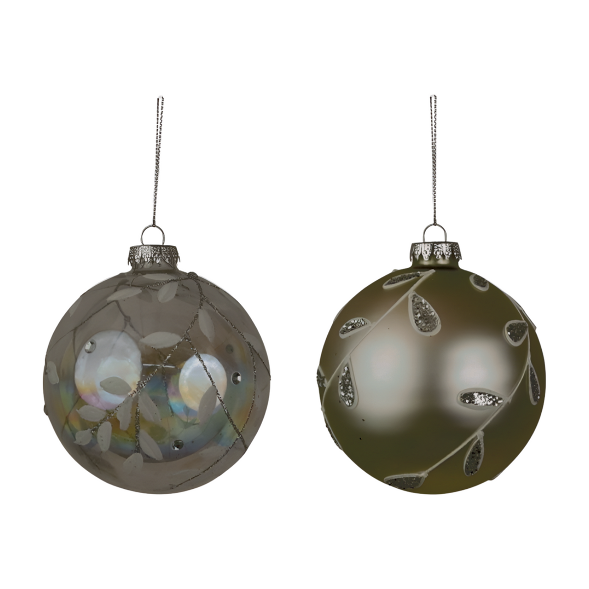 Two glass Christmas baubles — one clear with iridescent leaf and lattice detail, one white matte with glitter leaf sprigs