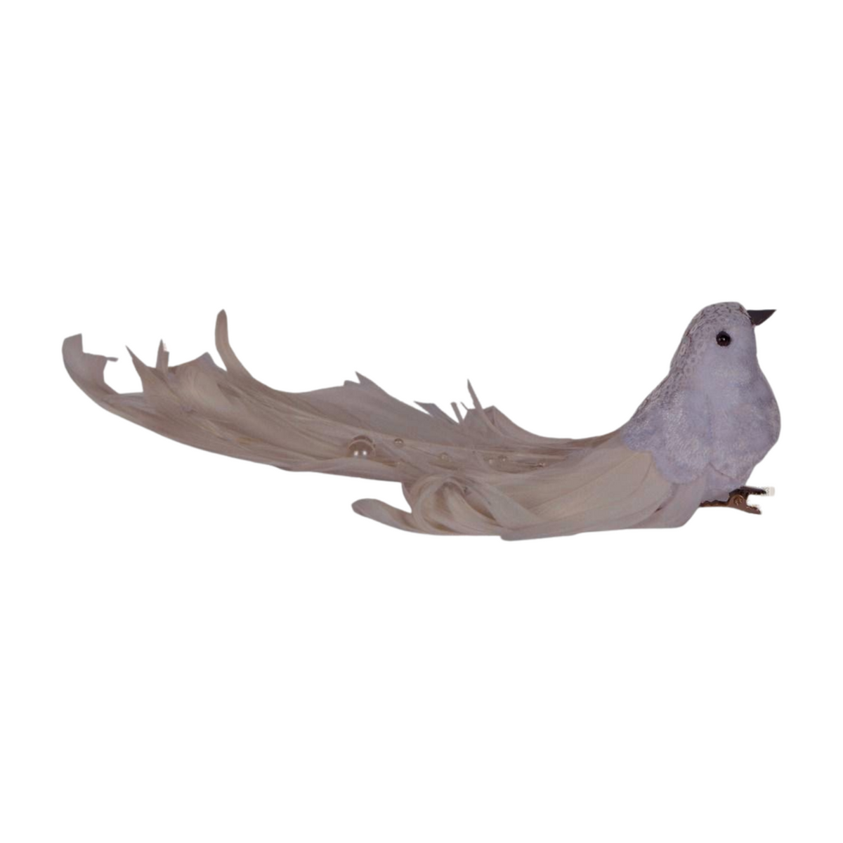White bird decoration with soft feathered tail, pearl accents, and clip attachment for Christmas décor