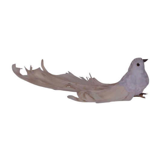 White bird decoration with soft feathered tail, pearl accents, and clip attachment for Christmas décor