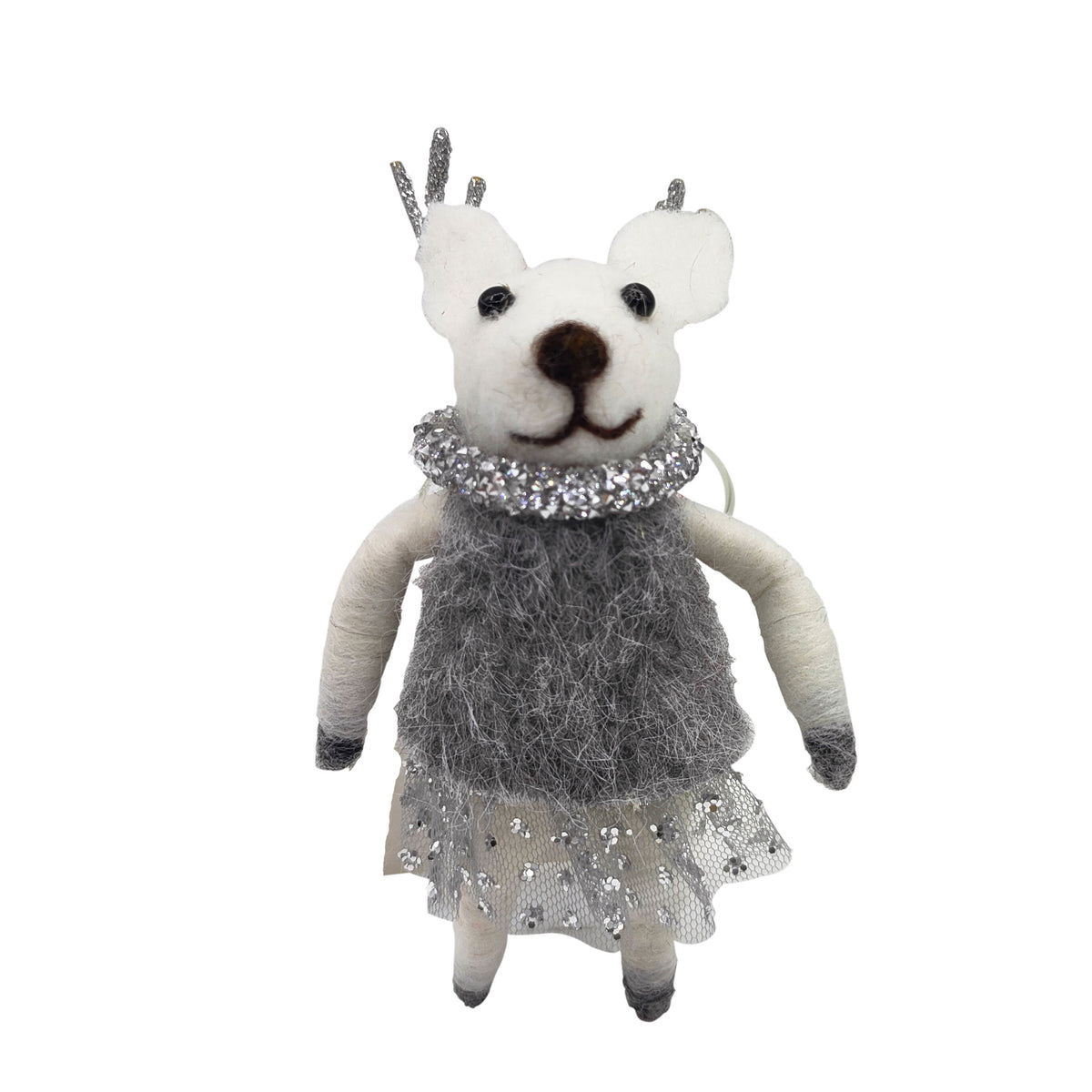 White felt deer ornament with silver antlers, diamante collar and grey dress with sequin tulle hem