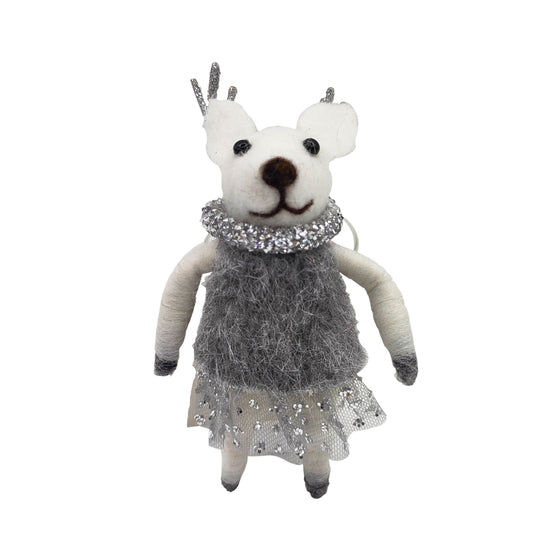 White felt deer ornament with silver antlers, diamante collar and grey dress with sequin tulle hem