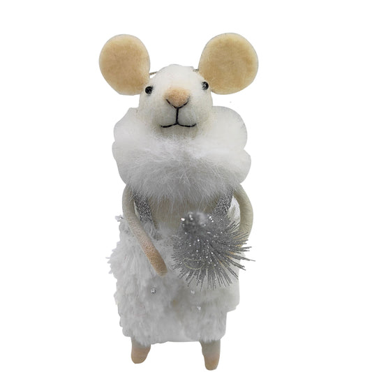 White felt mouse ornament in a feather coat with tulle ruff collar holding a silver glitter tree