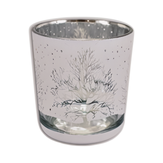White frosted glass tealight candle holder with silver winter tree and snowfall design