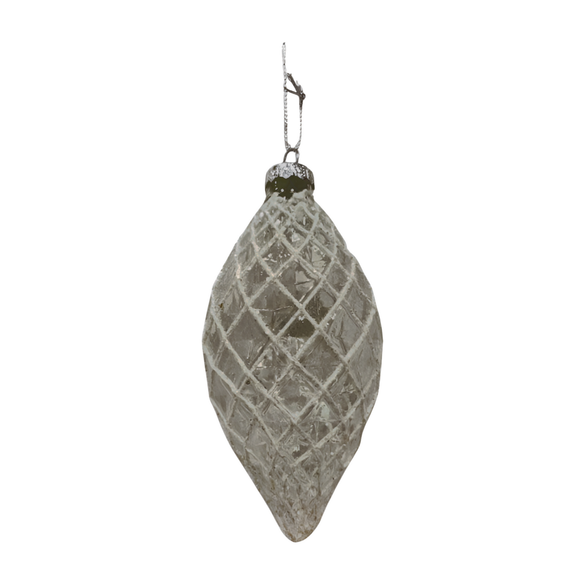 White frosted droplet Christmas ornament with diamond faceted pattern and silver cap