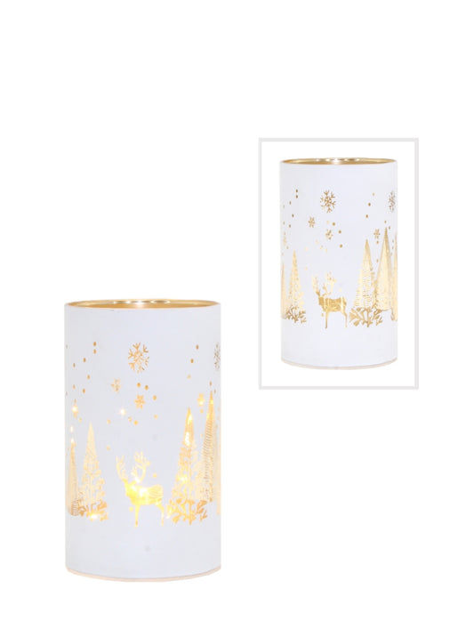 White glass LED candle featuring a gold reindeer and forest design with snowflakes