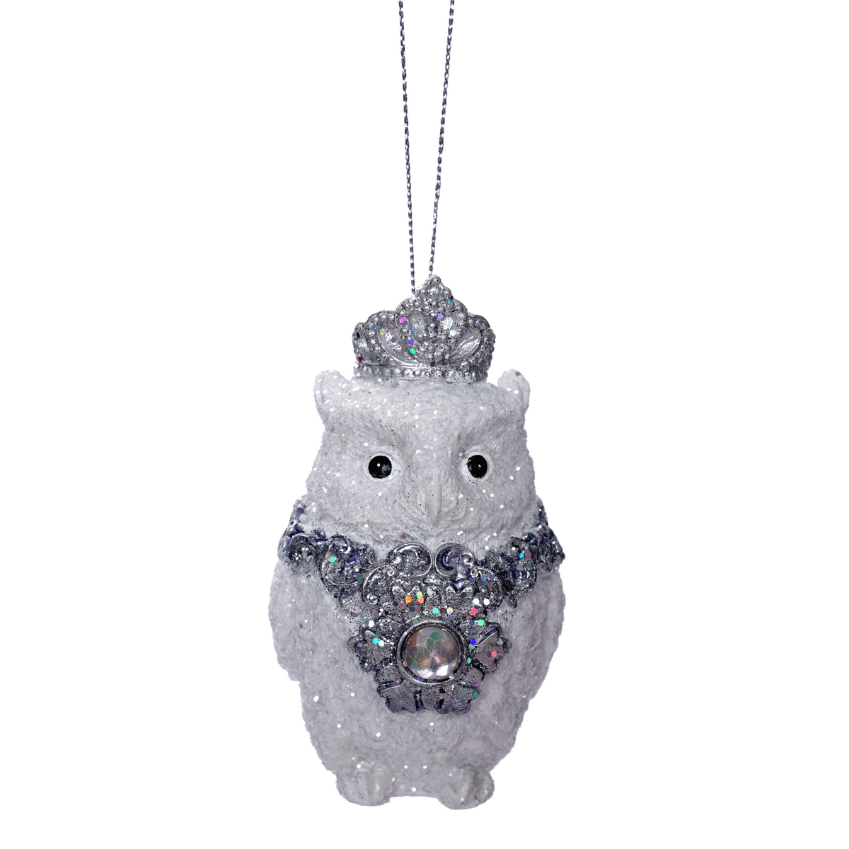 White glitter owl hanging tree ornament with silver crown and ornate filigree jewelled collar with iridescent gem