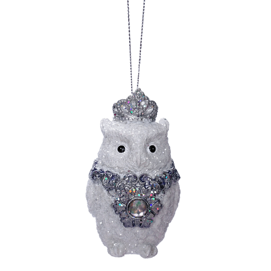 White glitter owl hanging tree ornament with silver crown and ornate filigree jewelled collar with iridescent gem