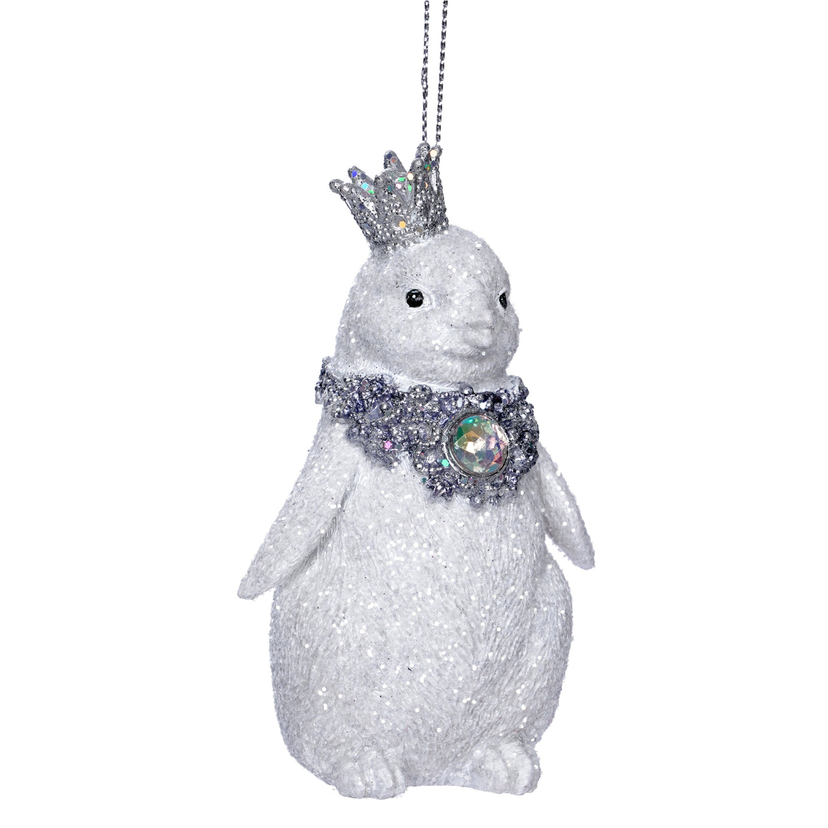 White glitter penguin hanging tree ornament with silver glitter crown and jewelled collar with iridescent gem
