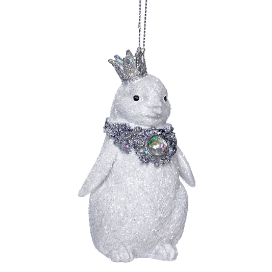 White glitter penguin hanging tree ornament with silver glitter crown and jewelled collar with iridescent gem