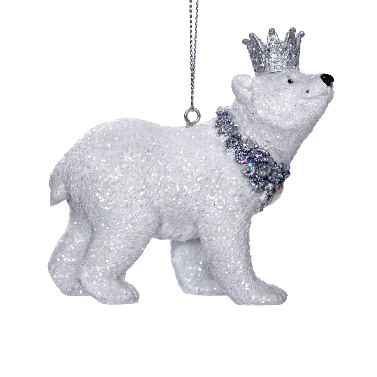 White glitter polar bear hanging tree ornament with silver glitter crown and jewelled collar with iridescent gems