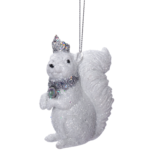 White glitter squirrel hanging tree ornament with silver glitter crown and jewelled collar with iridescent gem