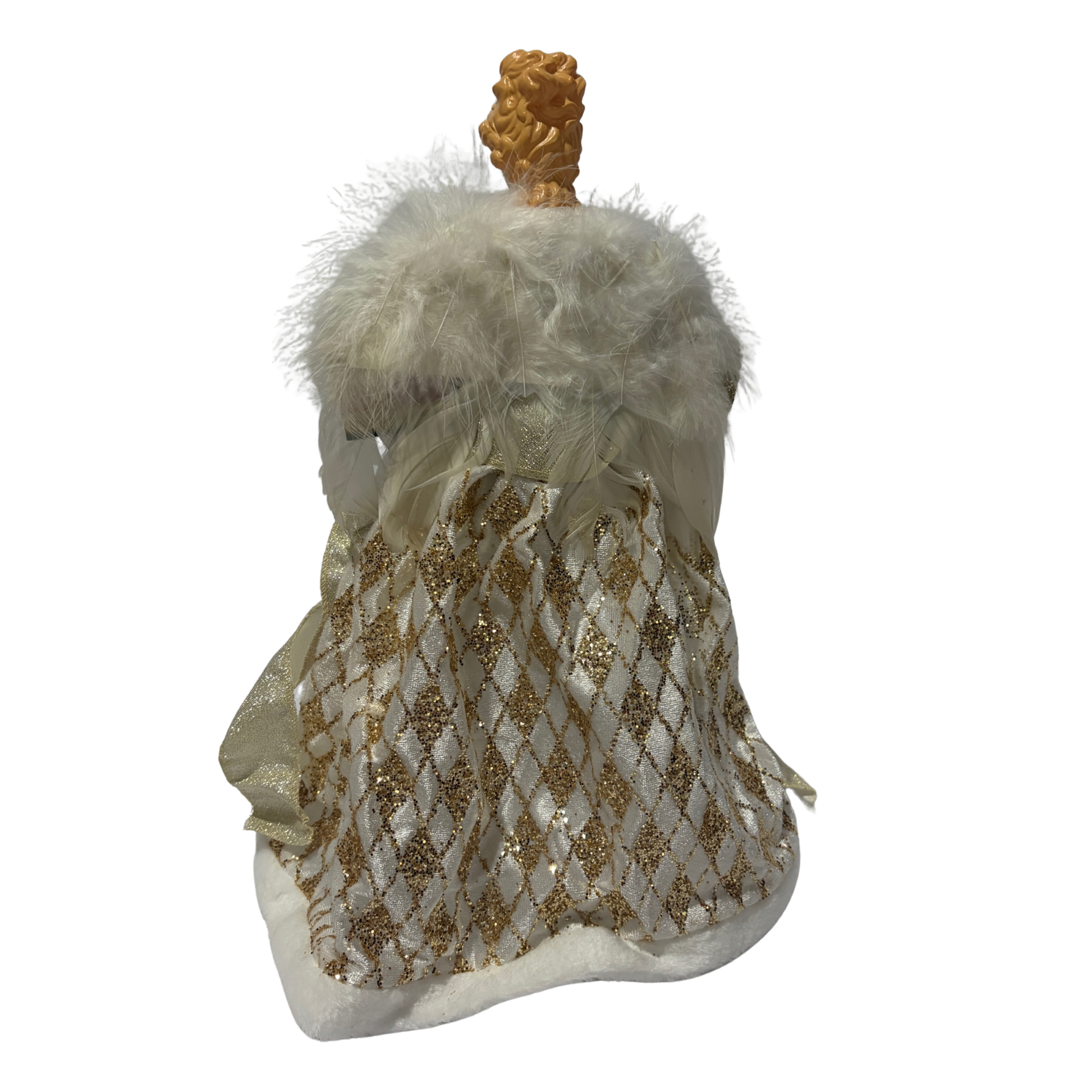 White and gold angel tree topper with feathered wings, gold gown, and white faux fur trim