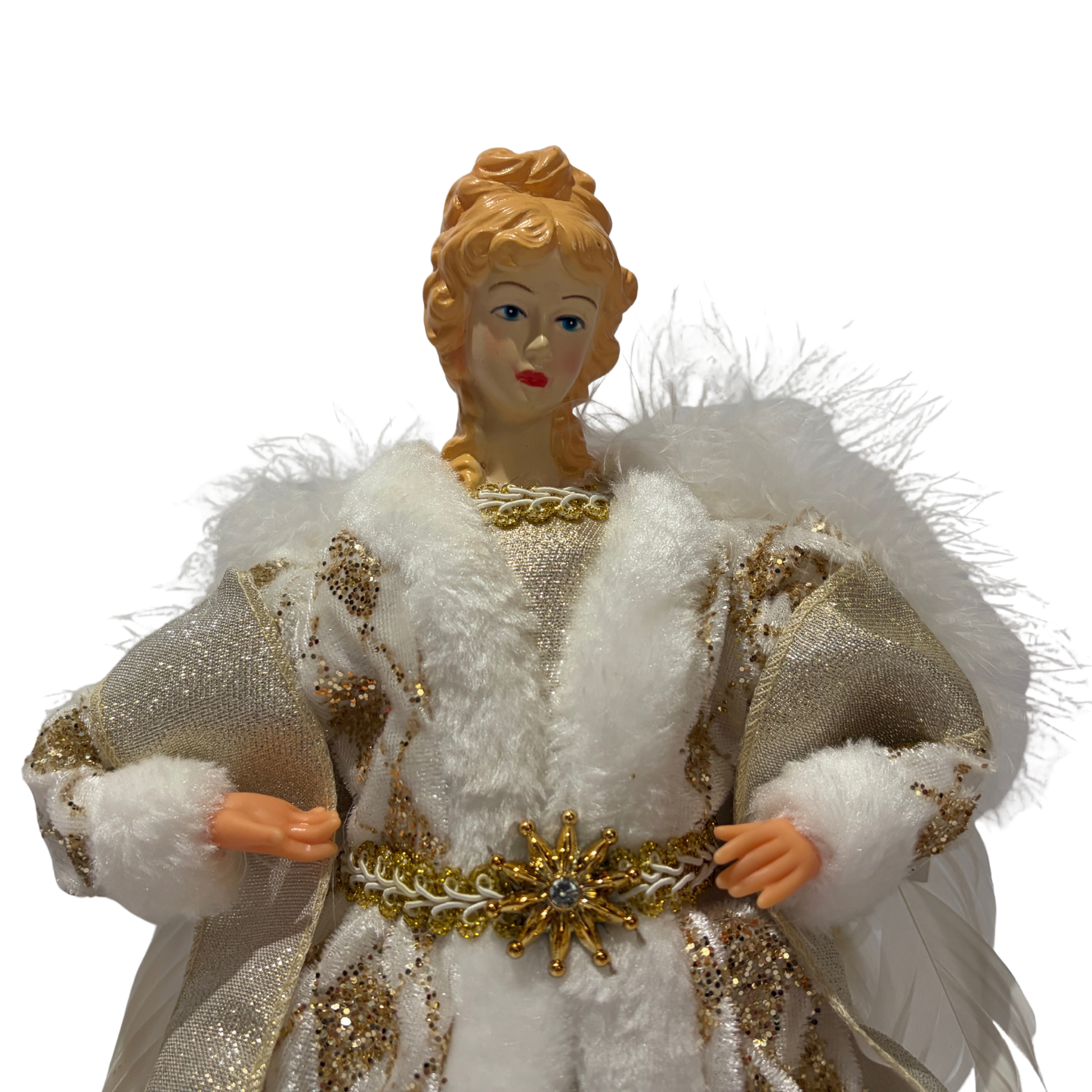 White and gold angel tree topper with feathered wings, gold gown, and white faux fur trim