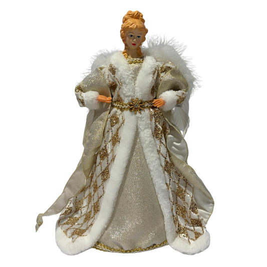White and gold angel tree topper with feathered wings, gold gown, and white faux fur trim