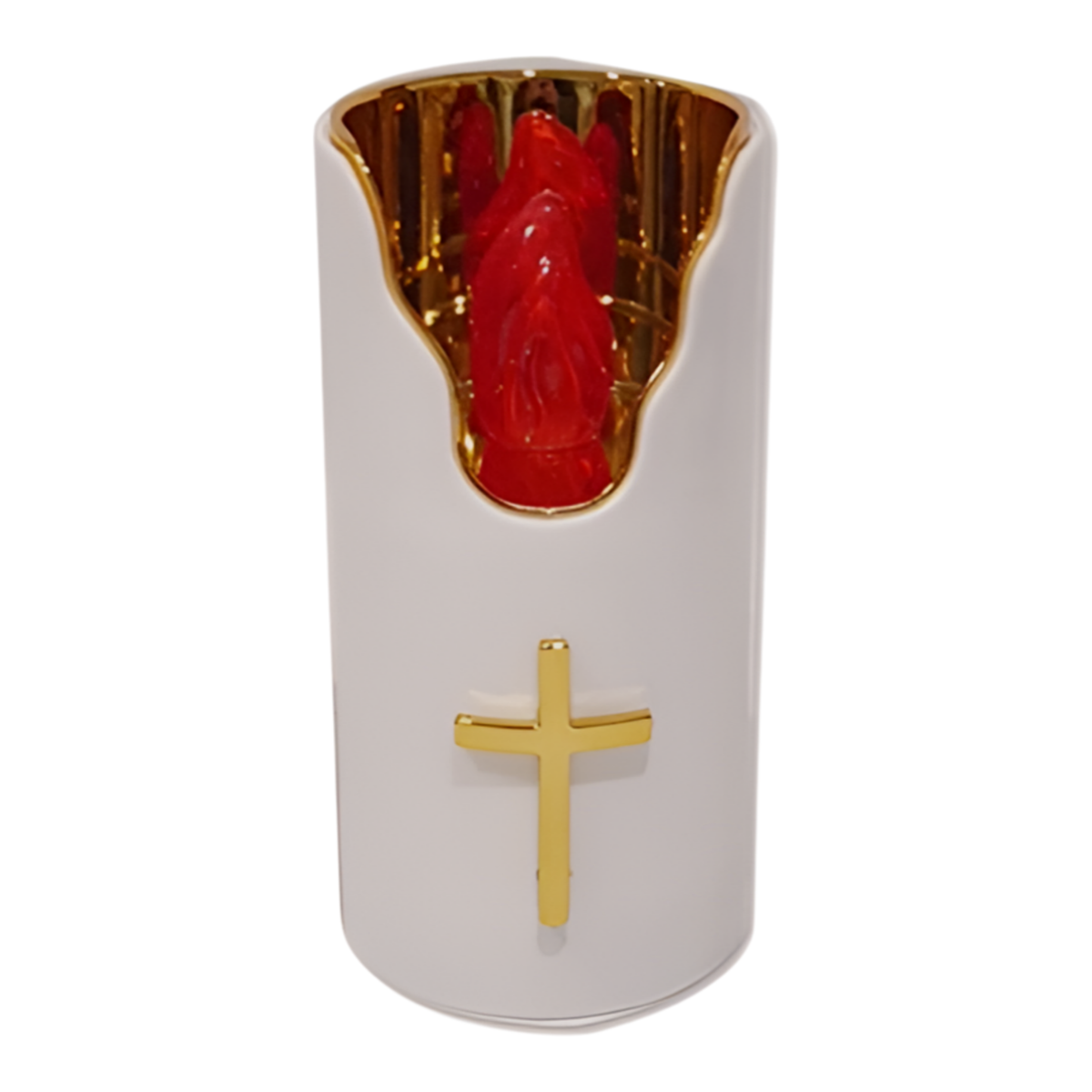 White pillar candle off with gold cross emblem and gold rim with red LED flame