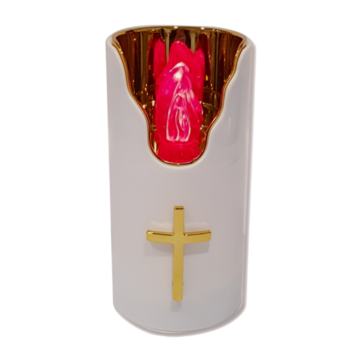 White pillar candle picture with gold cross emblem and gold rim with red LED flame