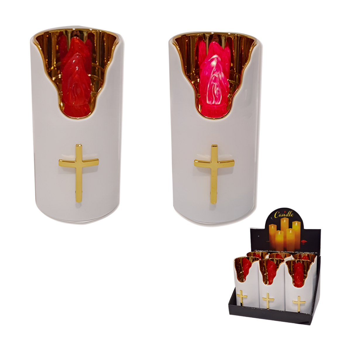 White pillar candle with gold cross emblem and gold rim with red LED flame