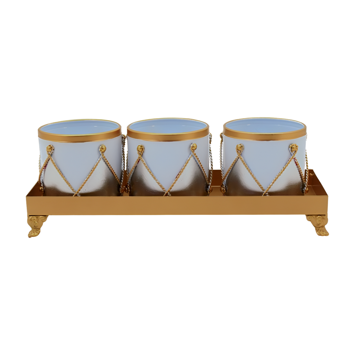 Set of three white and gold drum-shaped pots with rope detailing, displayed above a rectangular gold tray on scroll feet