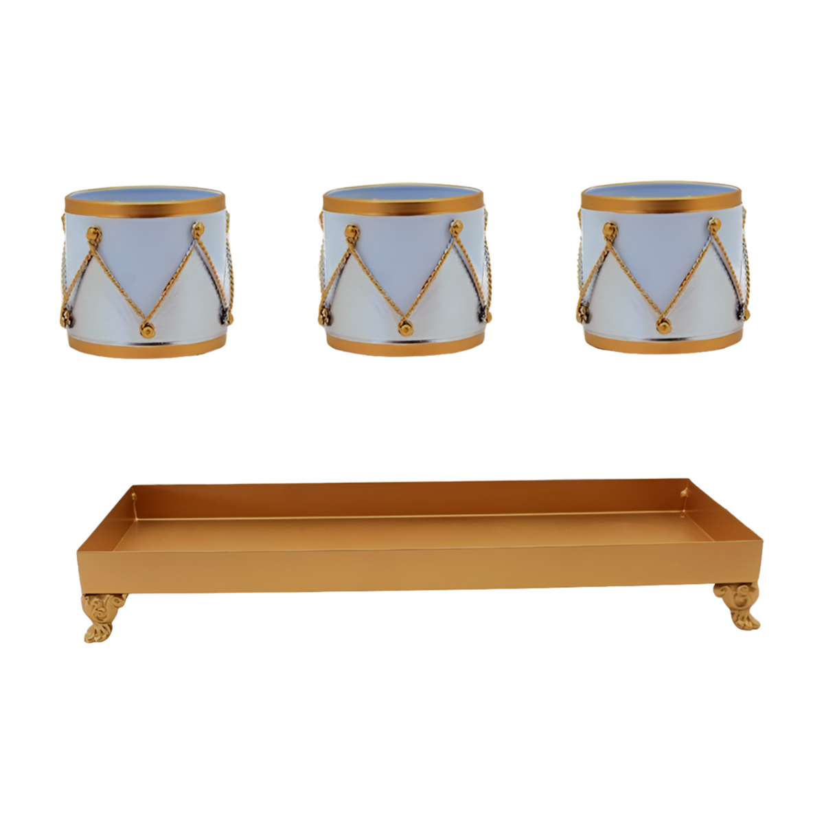 White & Gold Drum Pot and Tray Set