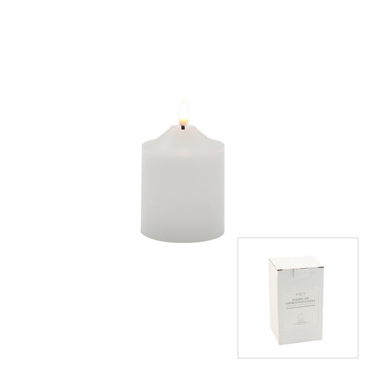 Mini white LED church pillar candle with realistic flickering flame, presented in a white gift box