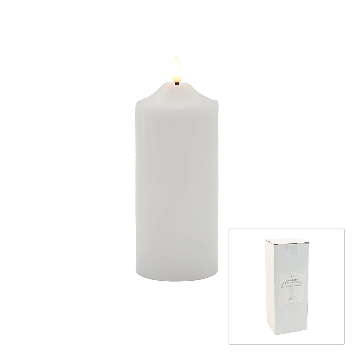 Tall white LED church pillar candle with realistic flickering flame, presented in a white gift box