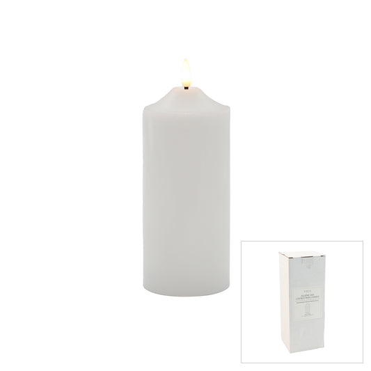 Tall white LED church pillar candle with realistic flickering flame, presented in a white gift box