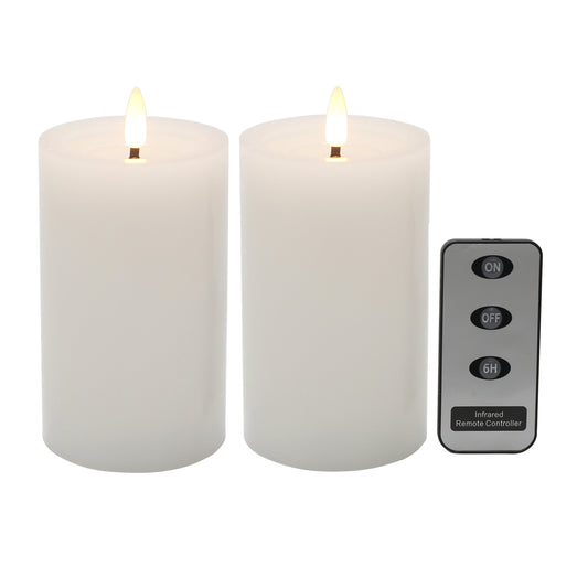 Set of two short white LED pillar candles with flickering flames and infrared remote control with on, off and timer functions