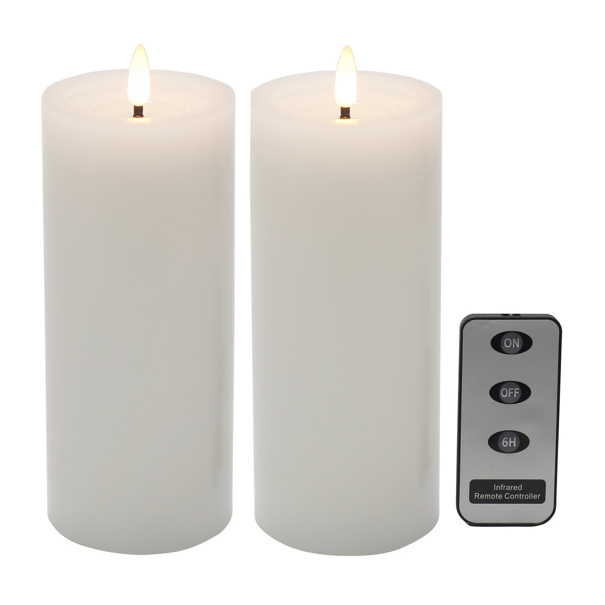Set of two white LED pillar candles with flickering flames and infrared remote control with on, off and timer functions