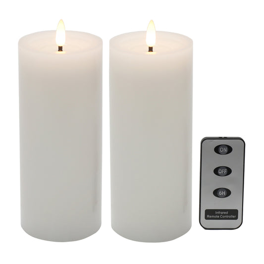 Set of two white LED pillar candles with flickering flames and infrared remote control with on, off and timer functions