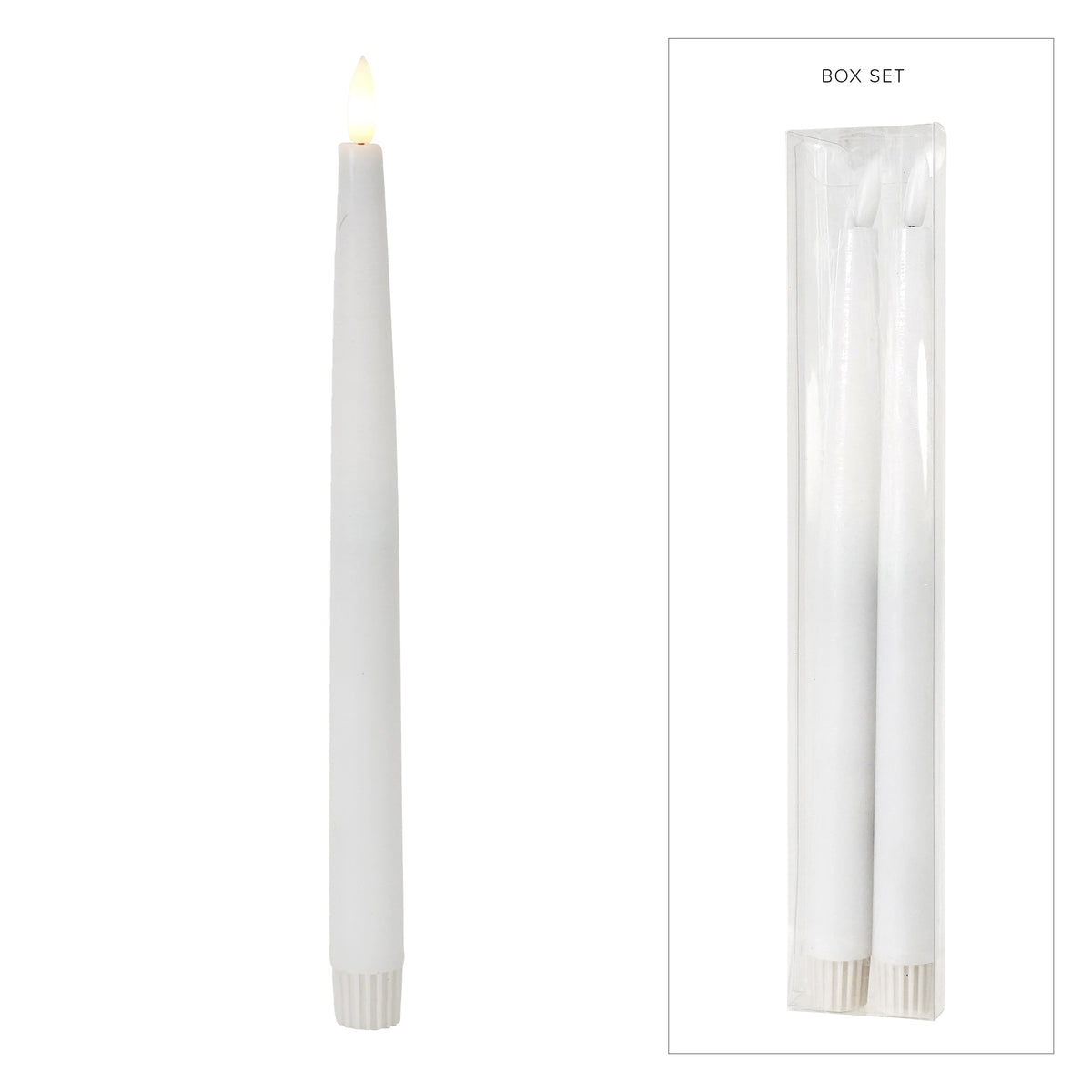 Pair of white LED taper candles with realistic flickering flames and ribbed bases, presented in a box set