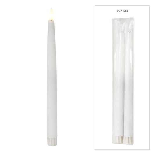 Pair of white LED taper candles with realistic flickering flames and ribbed bases, presented in a box set