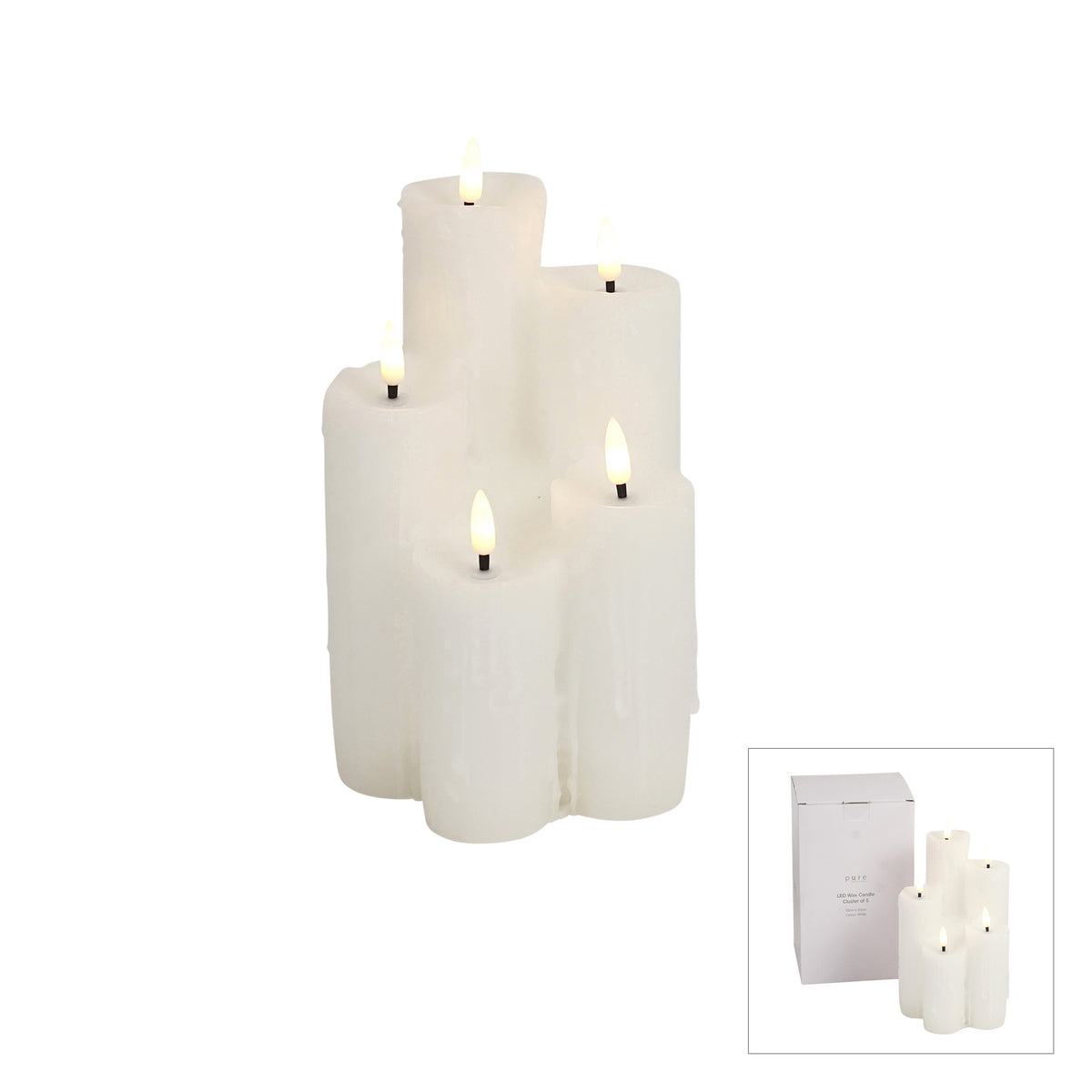 White LED wax candle cluster of five pillar candles at varying heights with realistic flickering flames