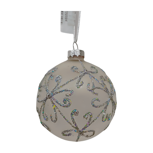 White matte glass bauble with holographic glitter scrollwork design
