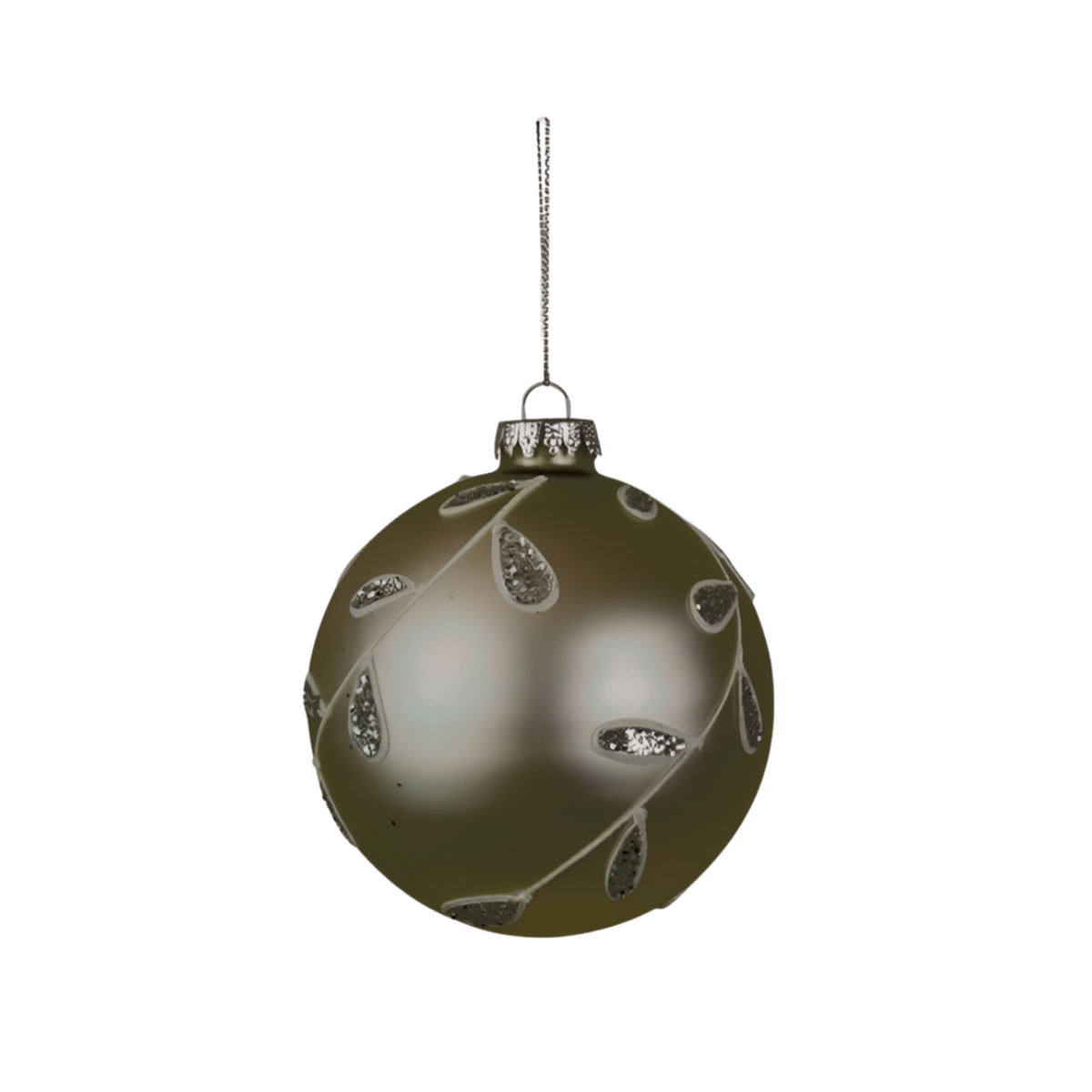White matte glass Christmas bauble with hand-painted silver glitter leaf sprig detail, silver faceted cap and cord hanger