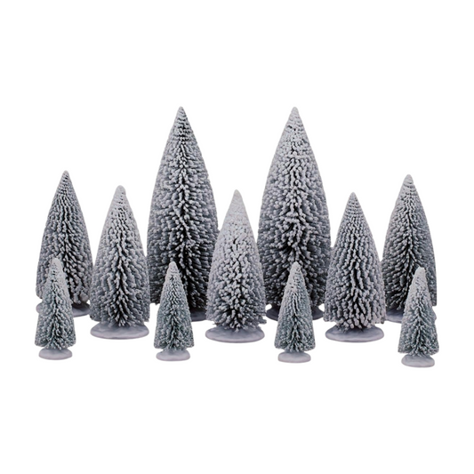 Set of 13 miniature snow-dusted evergreen tree figurines in assorted sizes on grey bases